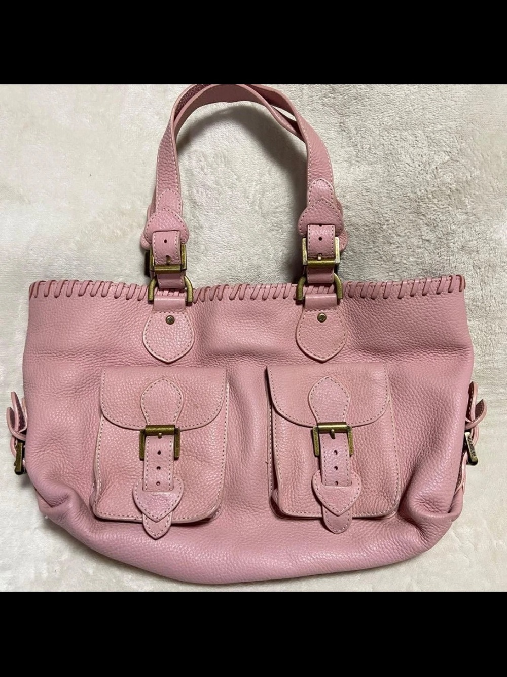 Mulberry Pink Leather Shoulder Bag with Front Buckle Pockets